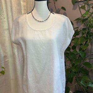 Cream Blouse with Embellished Neckline and Short Sleeves